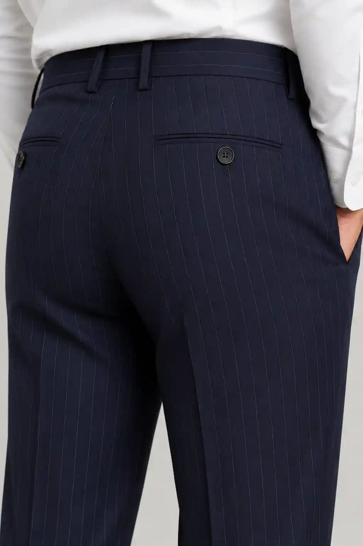 Navy Stripe Pleated Dress Pant Back View — muzaym