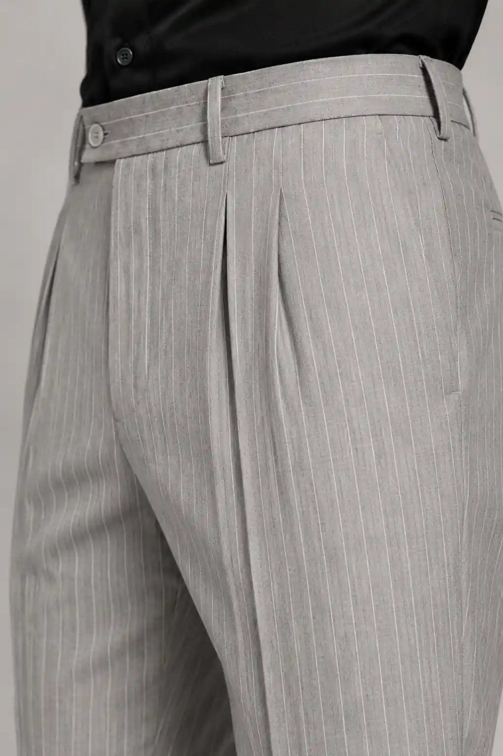 Silver Stripe Pleated Dress Pant Side View — muzaym
