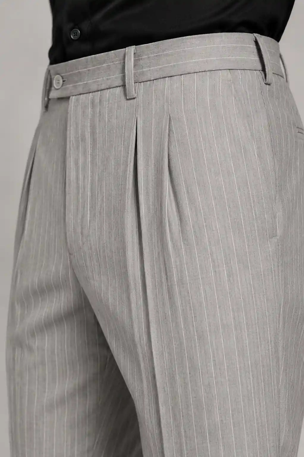 Silver Stripe Pleated Dress Pant Side View — muzaym