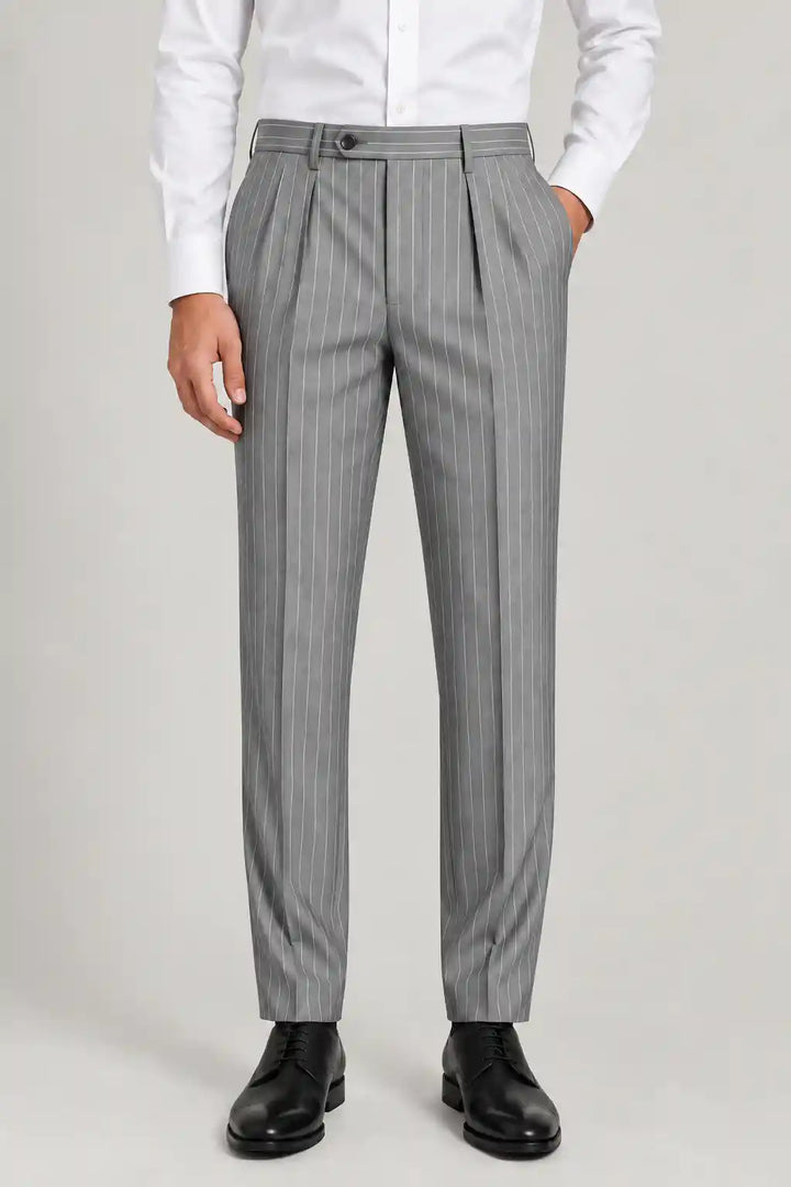Silver Gray Pinstripe Pleated Pant