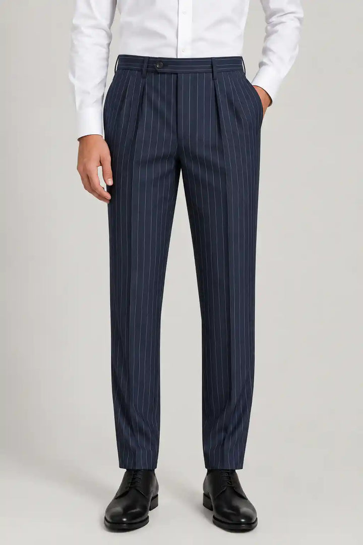 Midnight Navy Pinstripe Pleated Pant