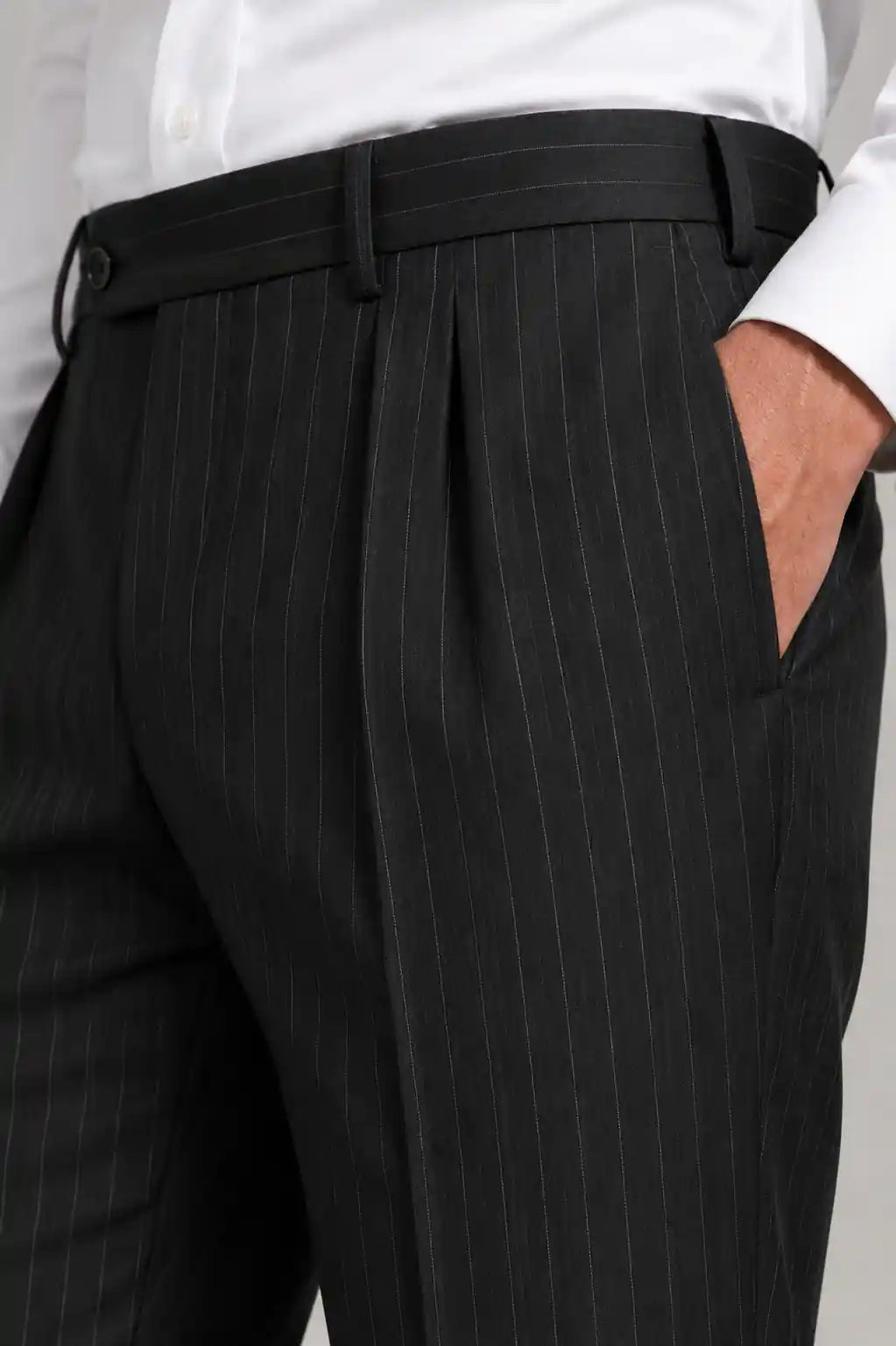 Charcoal Stripe Pleated Dress Pant Side View — muzaym