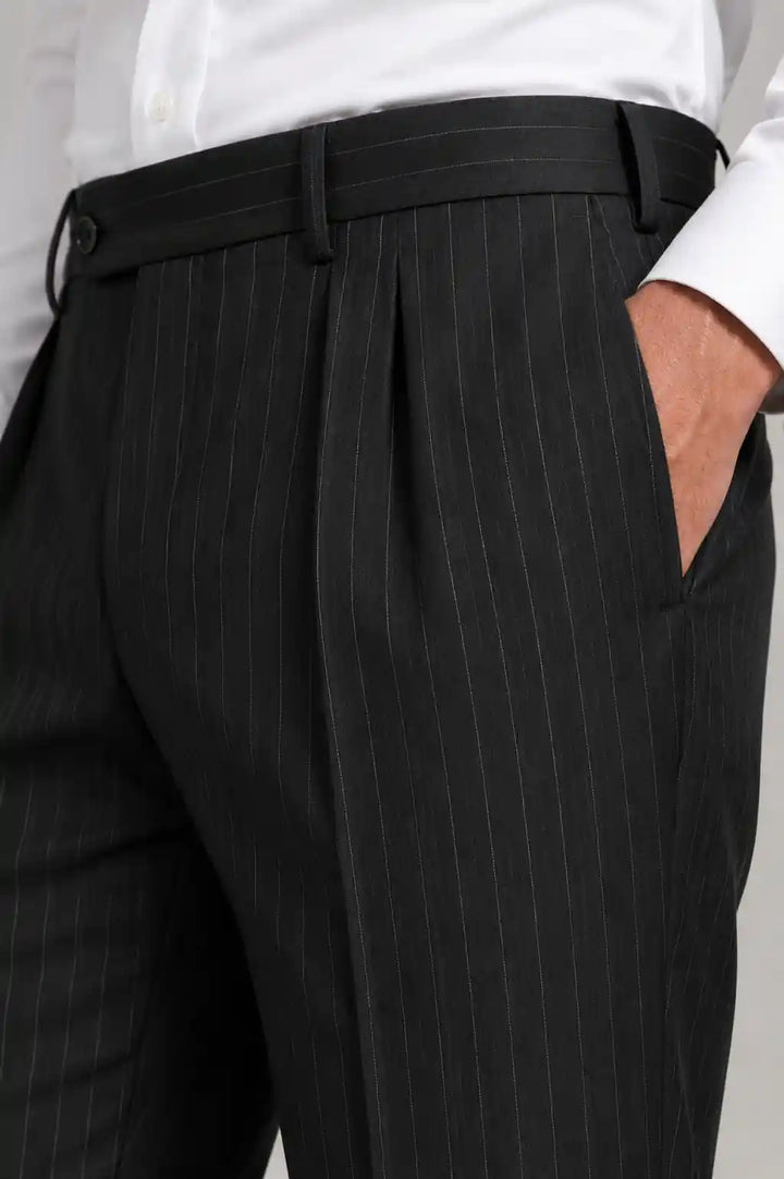Charcoal Stripe Pleated Dress Pant Side View — muzaym