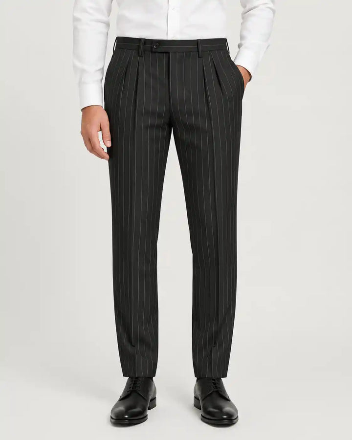 Onyx Black Pinstripe Pleated Pant