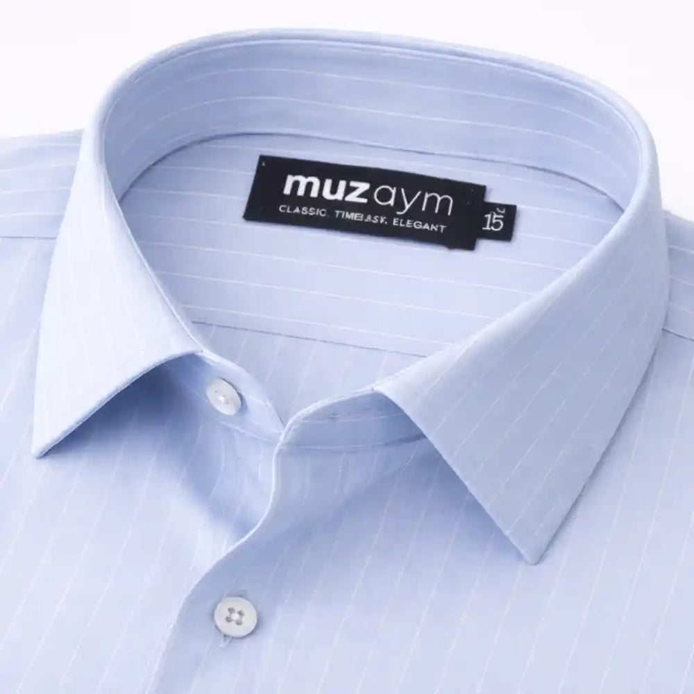 Ice Blue Pinstripe Formal Shirt Side View — muzaym