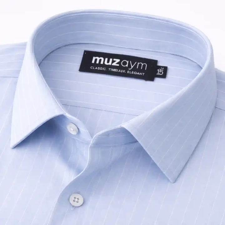 Ice Blue Pinstripe Formal Shirt Side View — muzaym
