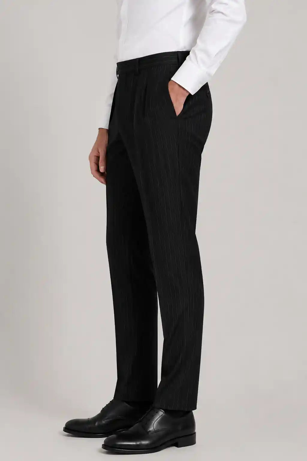 Black Stripe Pleated Dress Pant Back View — muzaym