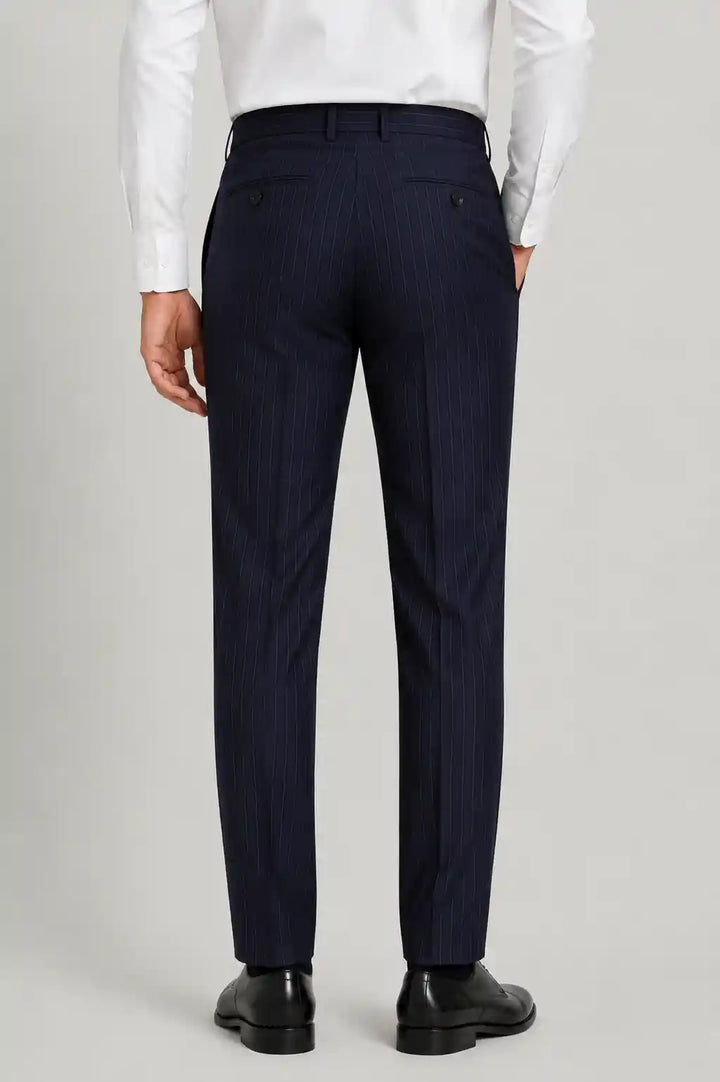 Navy Stripe Pleated Dress Pant Detail — muzaym