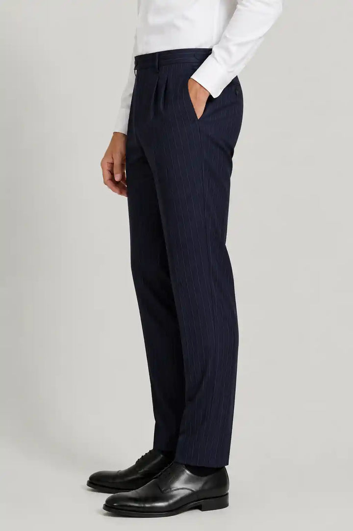 Navy Stripe Pleated Dress Pant Side View — muzaym