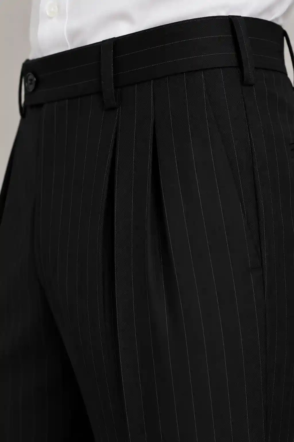 Black Stripe Pleated Dress Pant Side View — muzaym