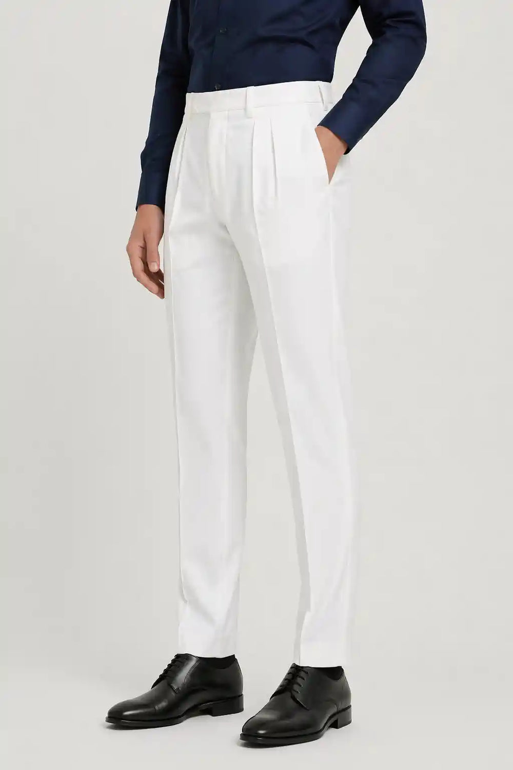 Classic White Double Pleated Dress Pant Side View — muzaym