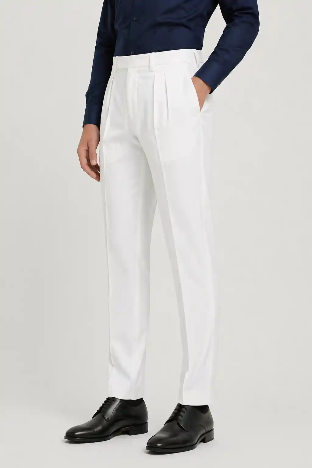 Classic White Double Pleated Dress Pant Side View — muzaym