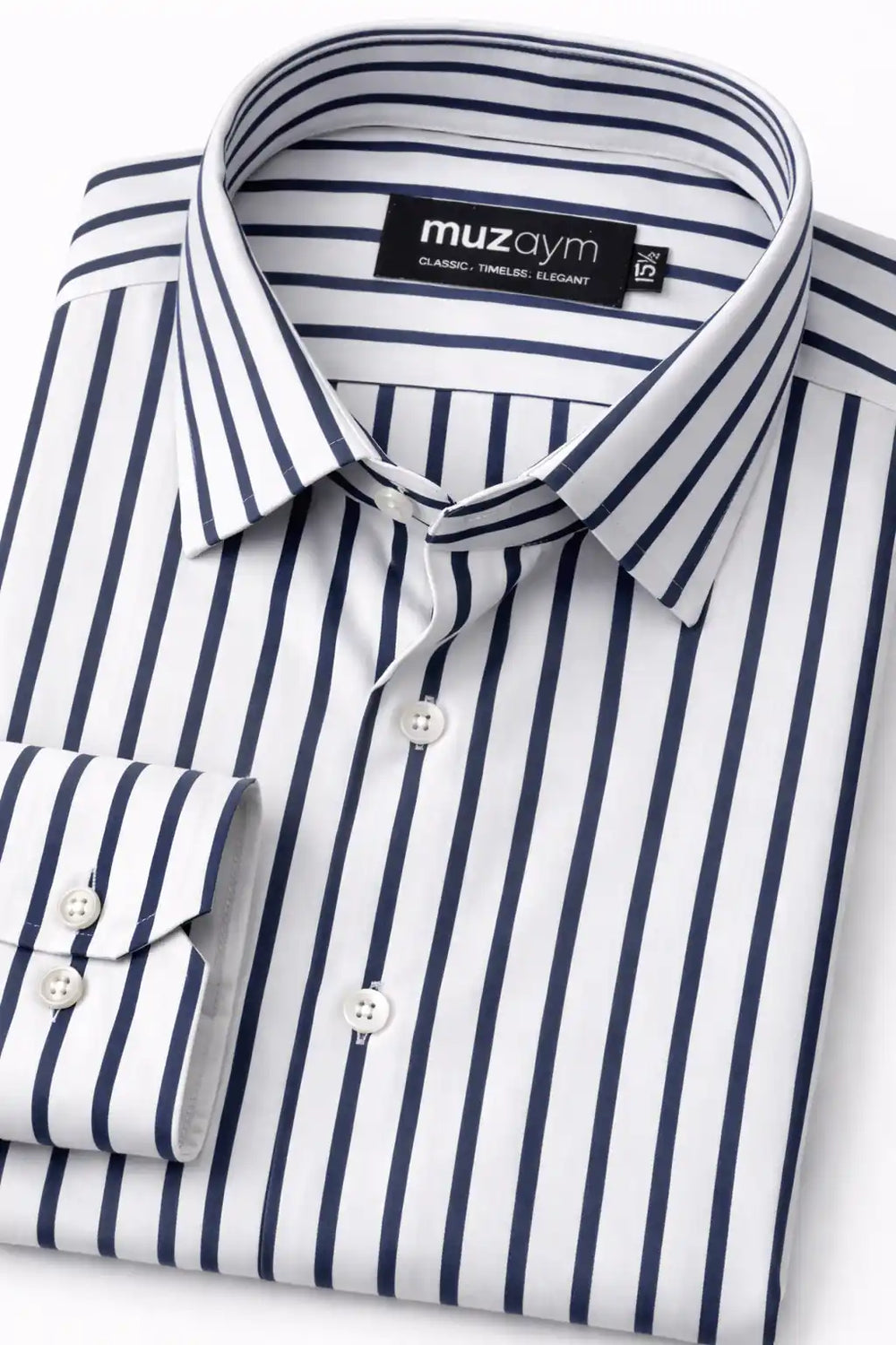 Signature Navy Stripe Formal Shirt Side View — muzaym