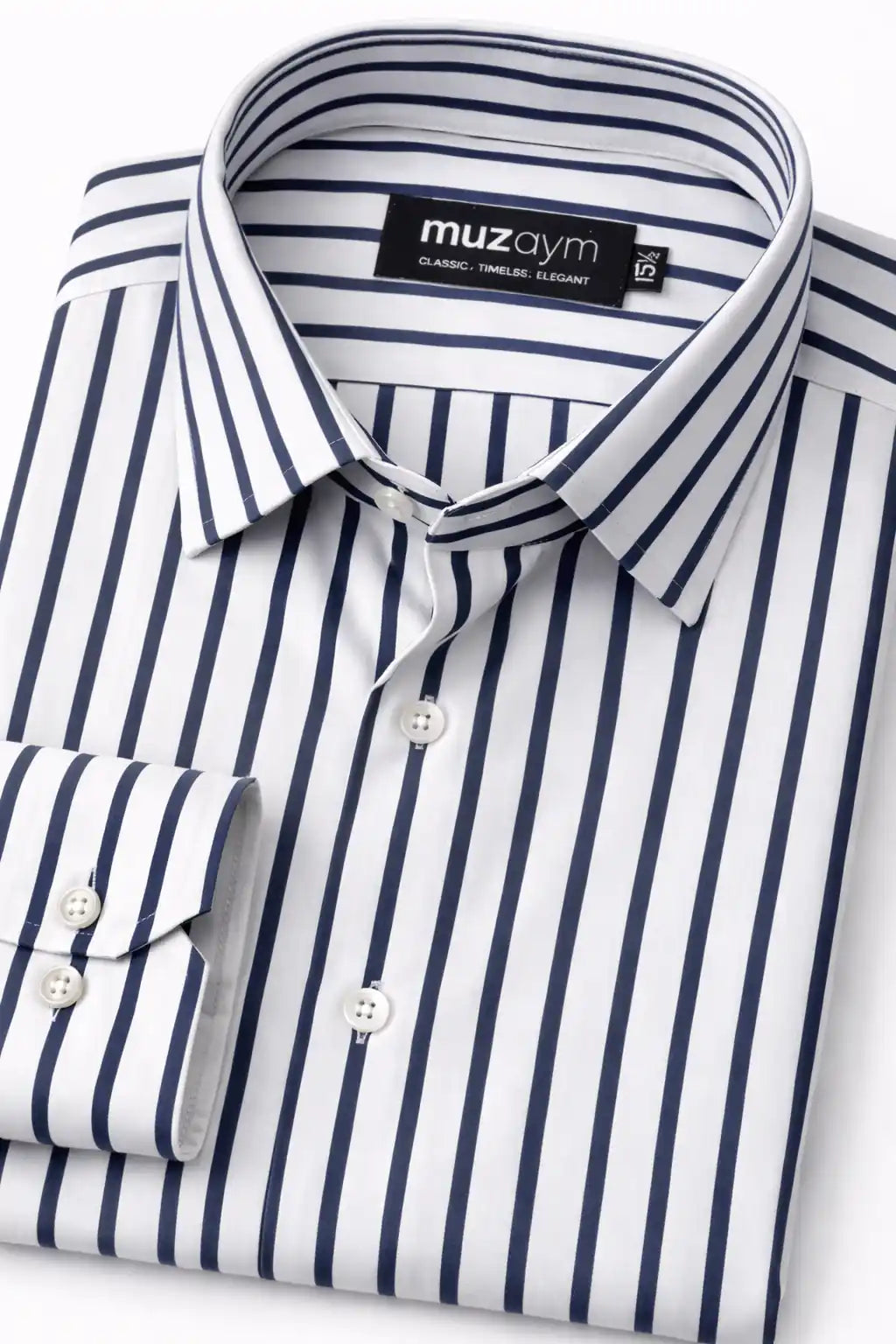 Signature Navy Stripe Formal Shirt Side View — muzaym