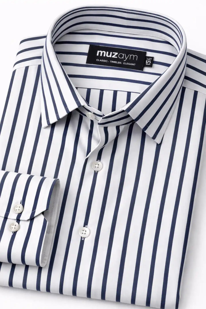 Signature Navy Stripe Formal Shirt Side View — muzaym