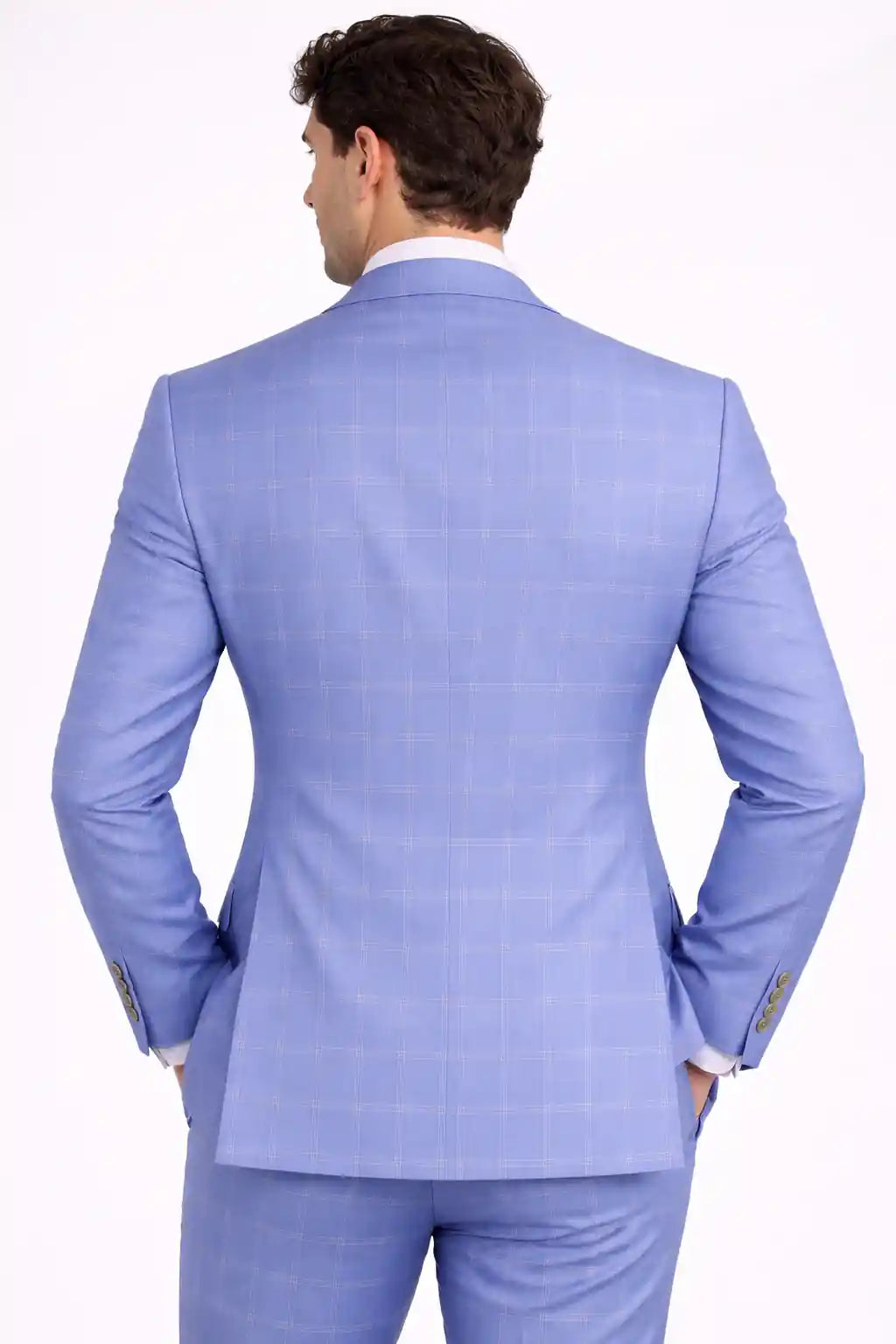 Steel Blue Check Blazer Back View — muzaym