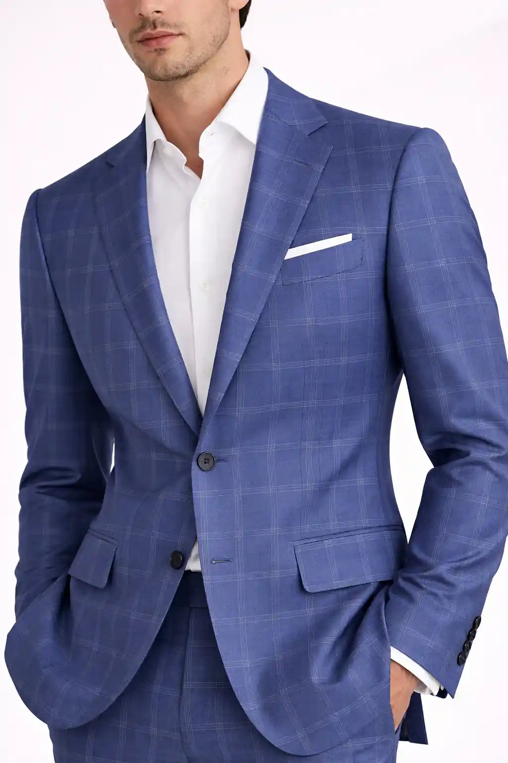 Azure Blue Check Blazer Front View — muzaym