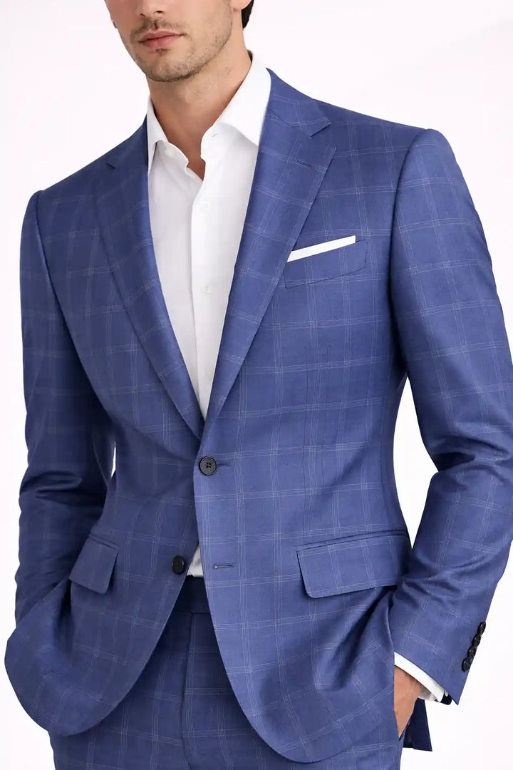 Azure Blue Check Blazer Front View — muzaym