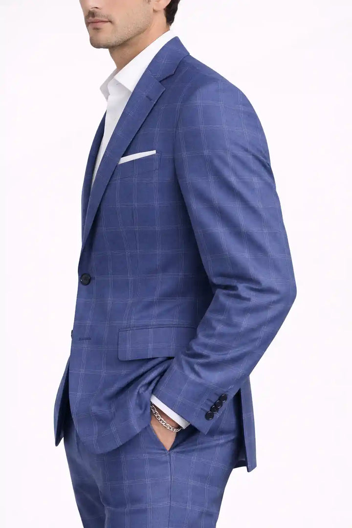 Azure Blue Check Blazer Side View — muzaym