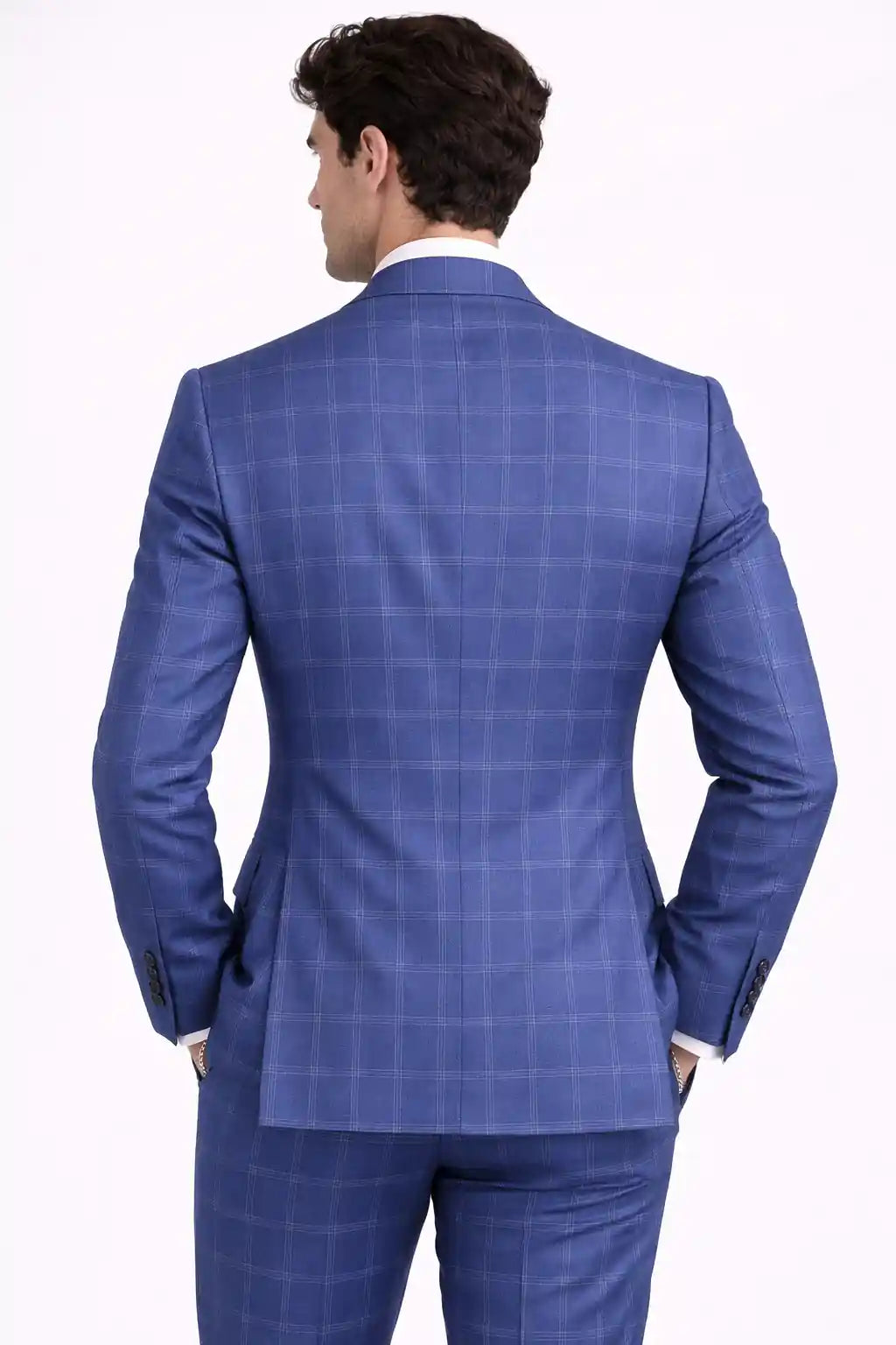 Azure Blue Check Blazer Back View — muzaym