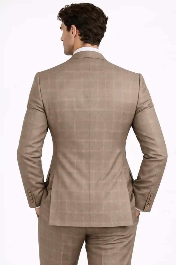 Stone Beige Check Blazer Back View — muzaym