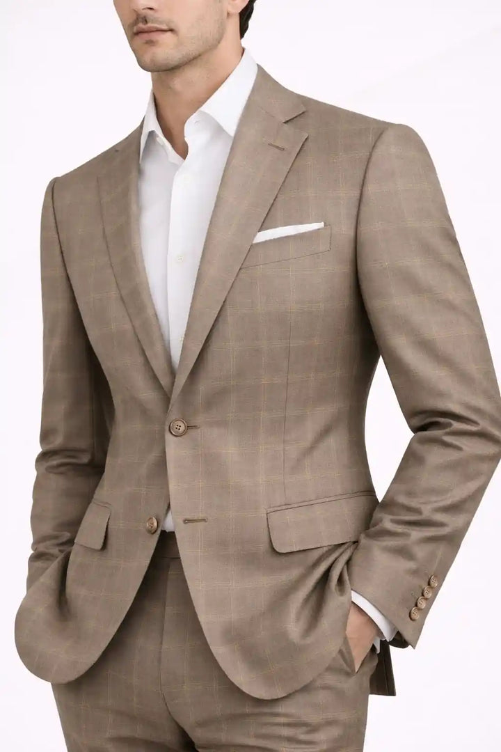 Stone Beige Check Blazer Front View — muzaym