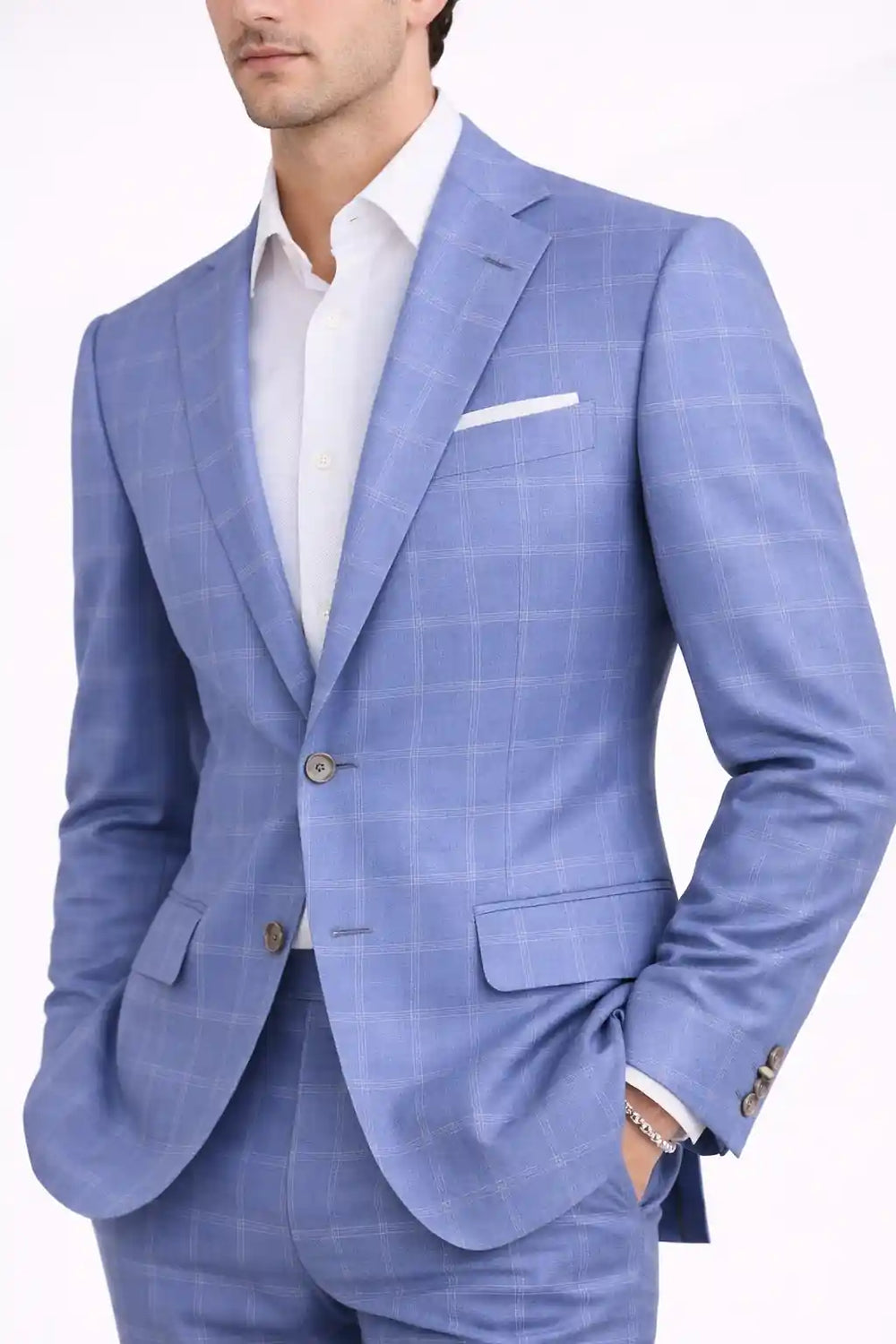 Steel Blue Check Blazer Front View — muzaym