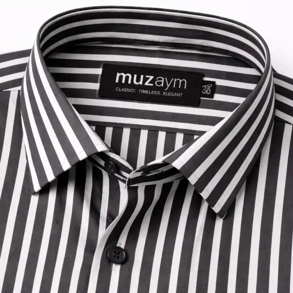 Signature Noir Stripe Formal Shirt Side View — muzaym