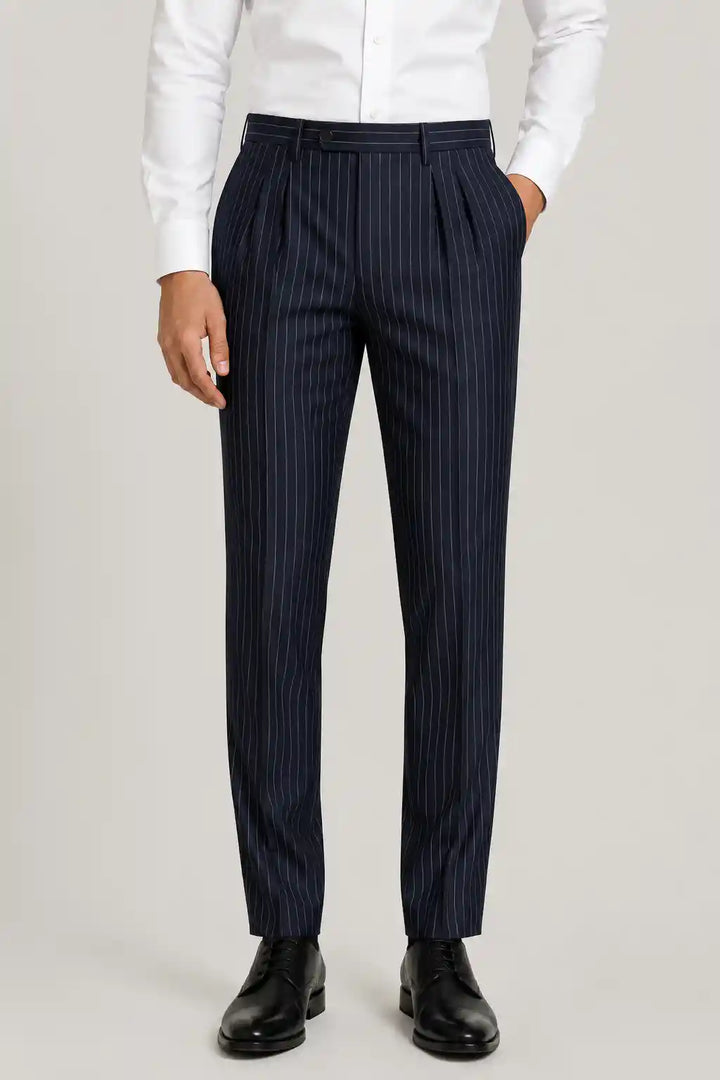 Navy Stripe Pleated Dress Pant