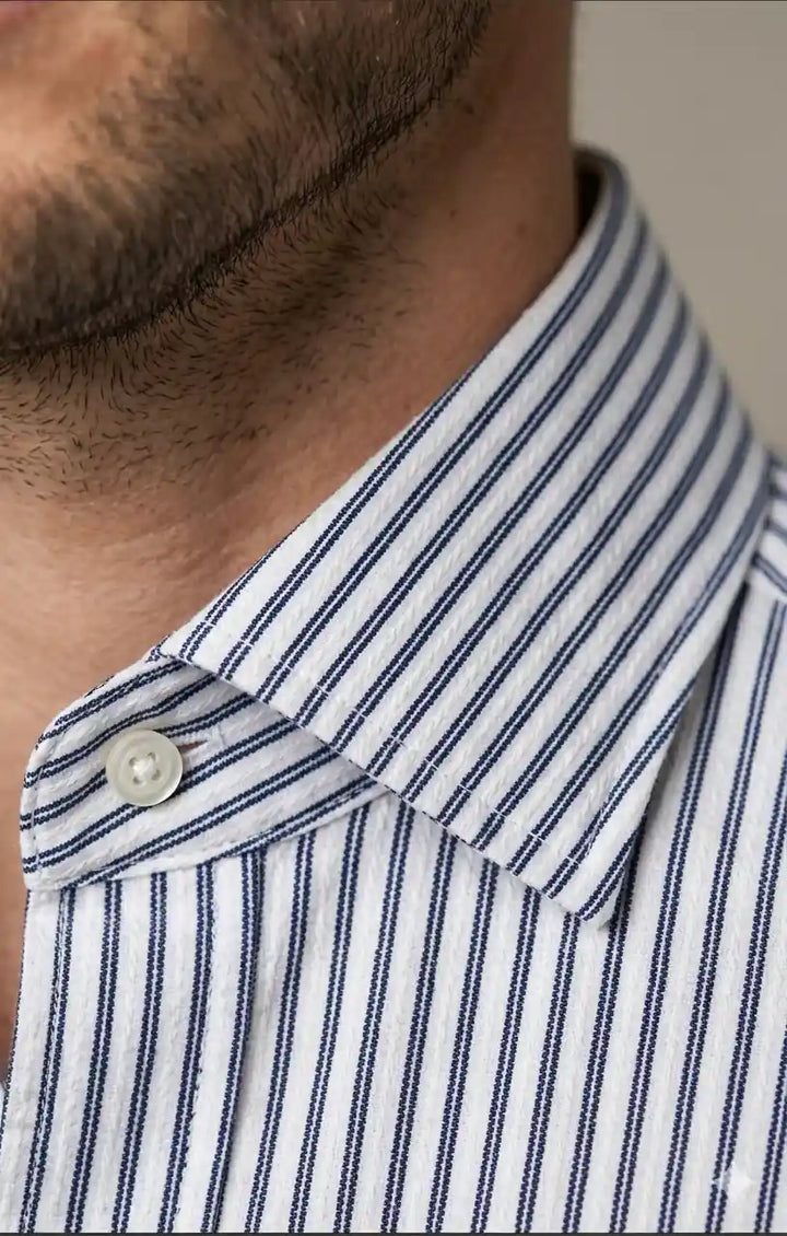Classic Ivory Pinstripe Formal Shirt Side View — muzaym