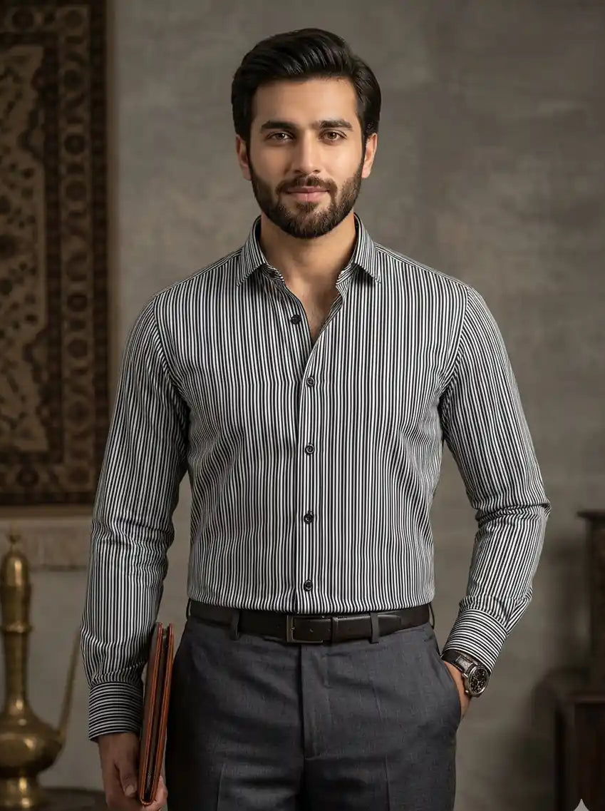 Prime Executive Stripe Formal Shirt Side View — muzaym