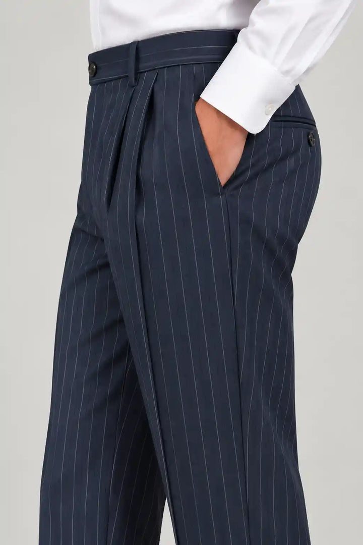 Midnight Navy Pinstripe Pleated Pant