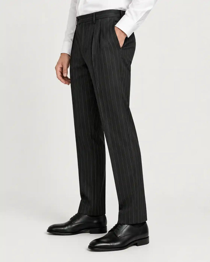 Onyx Black Pinstripe Pleated Pant