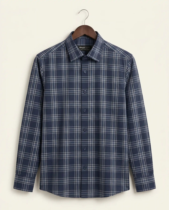 Midnight Navy Plaid Formal Shirt Side View — muzaym