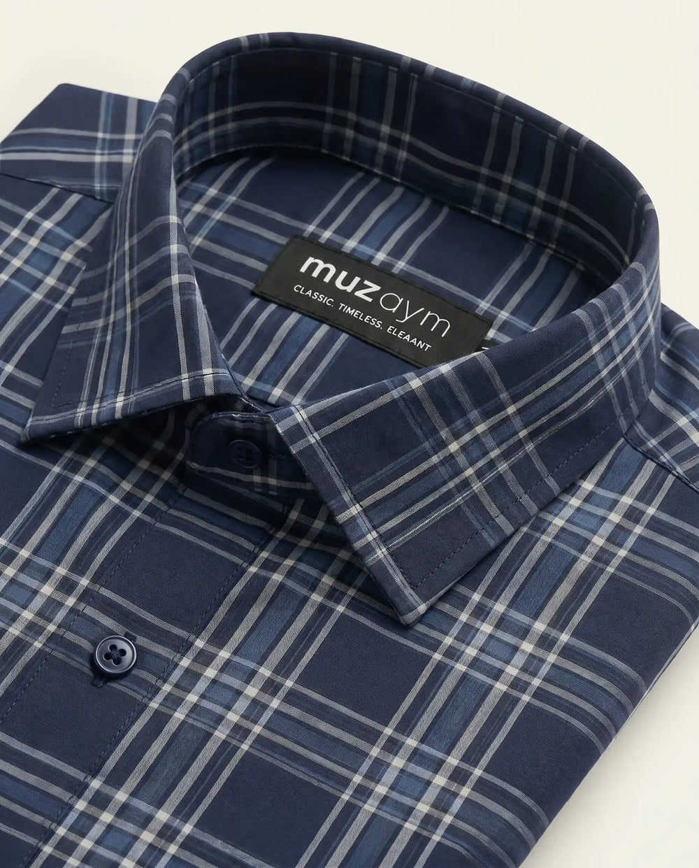Midnight Navy Plaid Formal Shirt Front View — muzaym