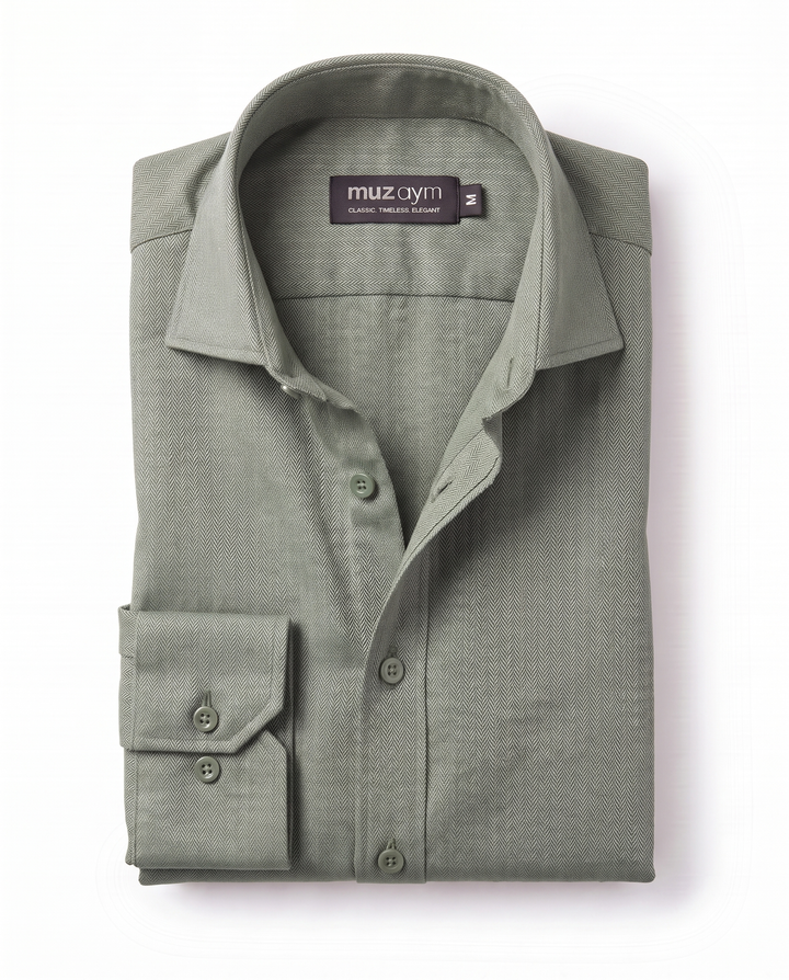 Green Herringbone - Linen Casual Shirt