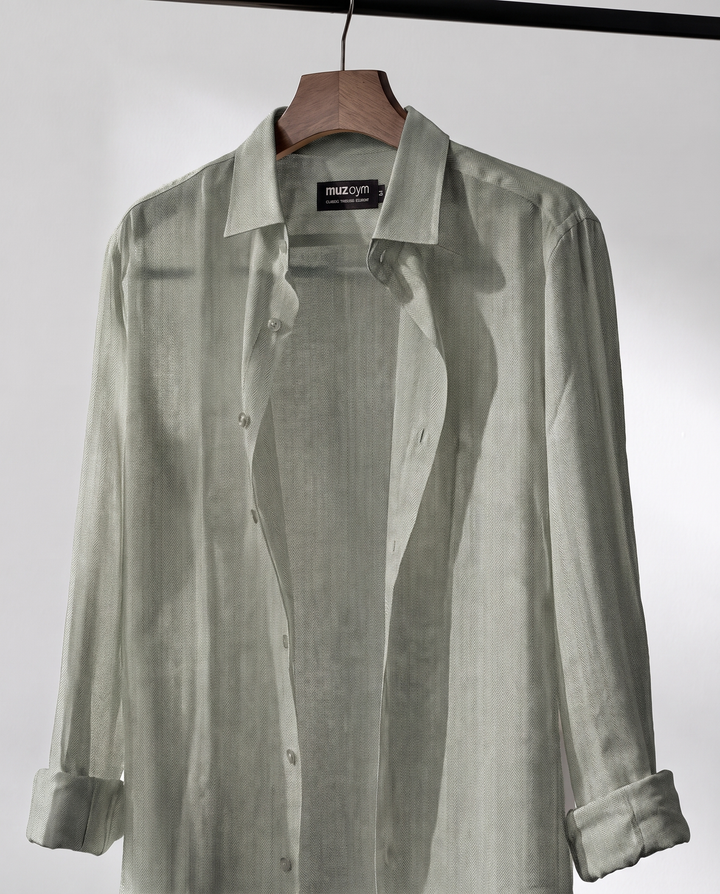Green Herringbone - Linen Casual Shirt