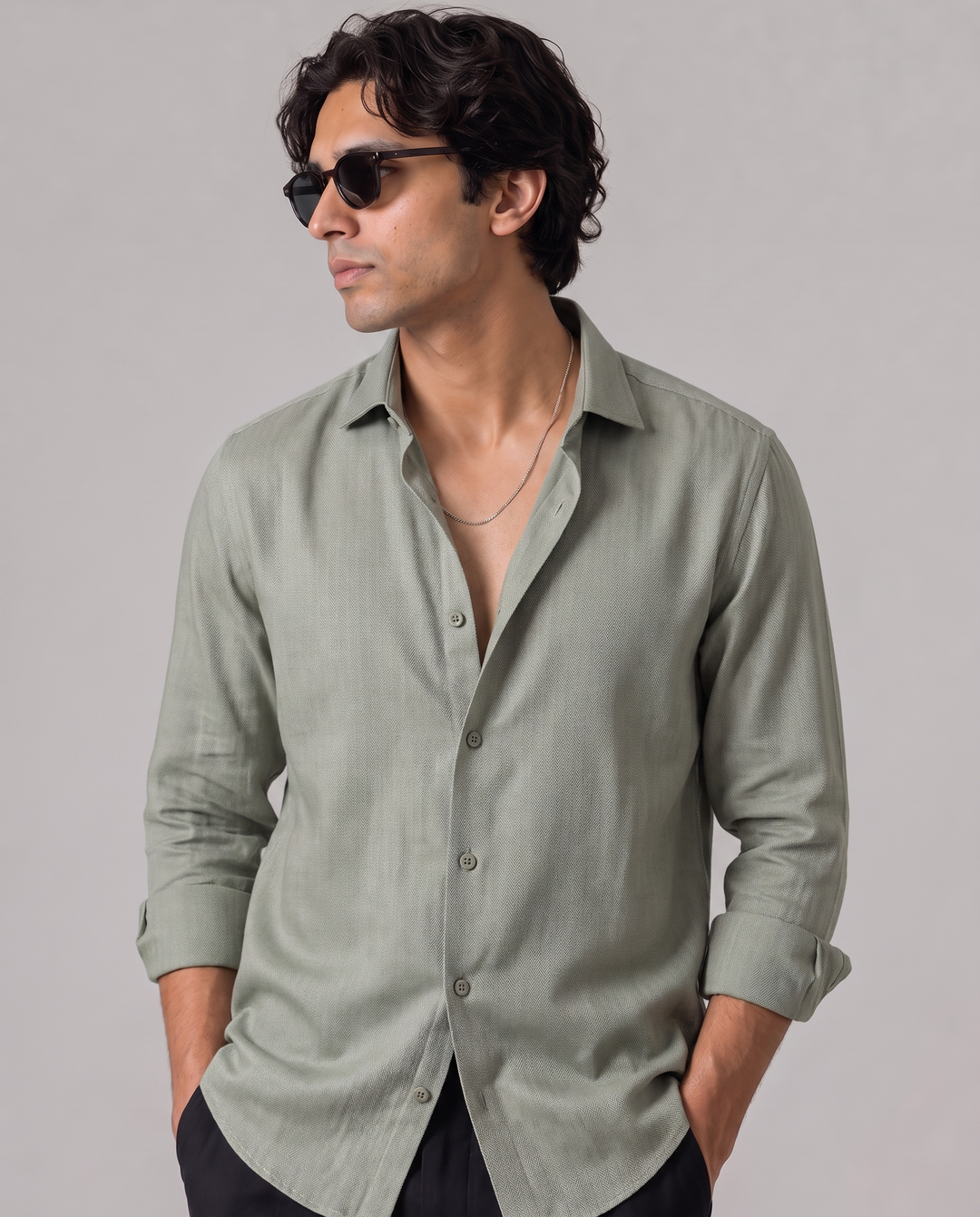 Green Herringbone - Linen Casual Shirt