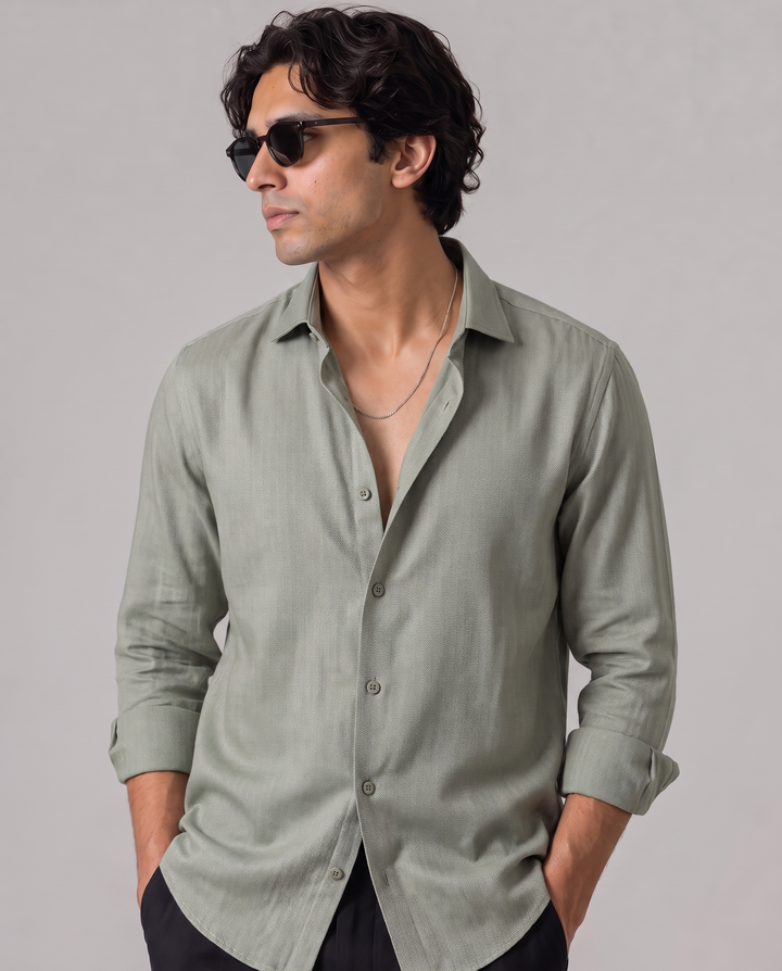 Green Herringbone - Linen Casual Shirt